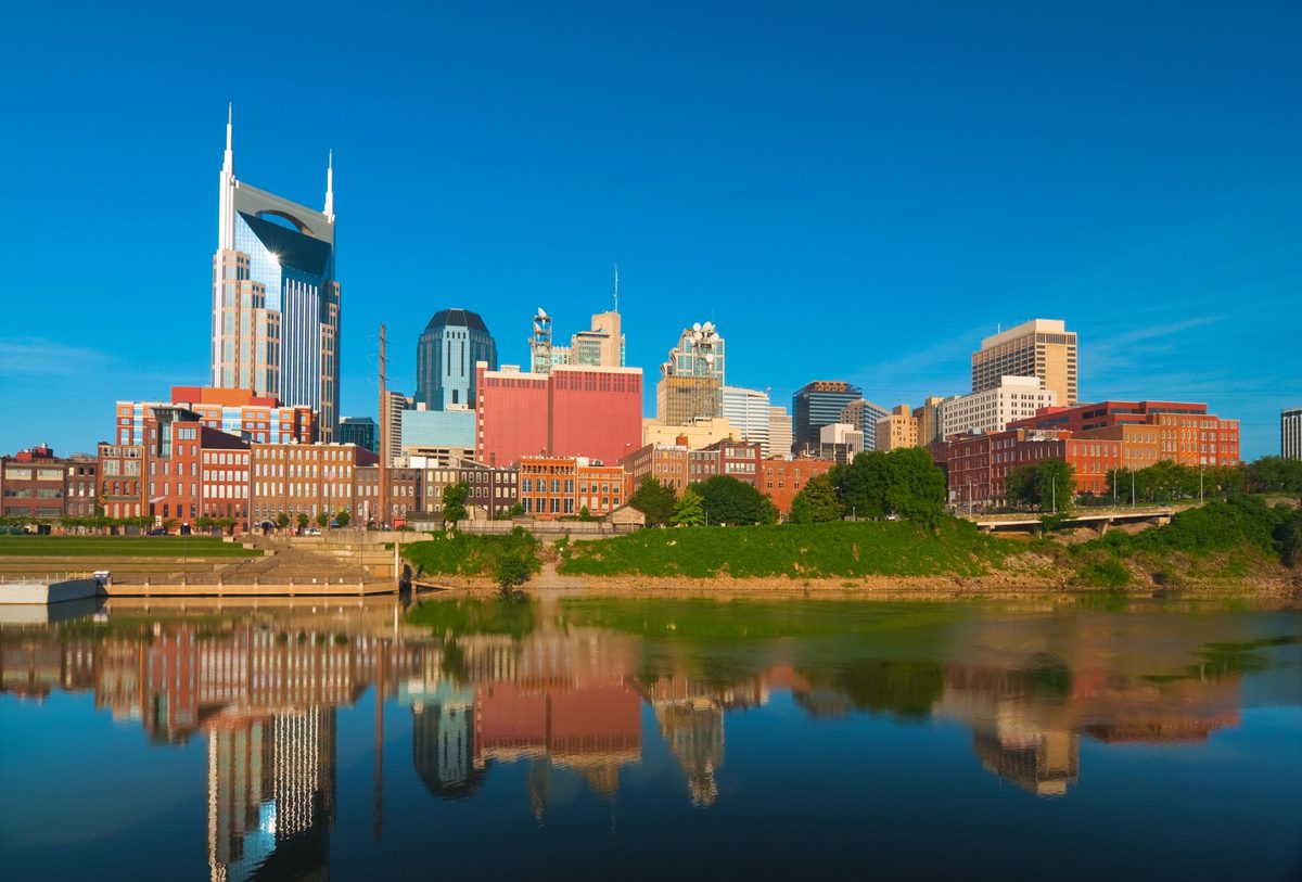 Nashville downtown skyline with the Cumberland River in the foreground