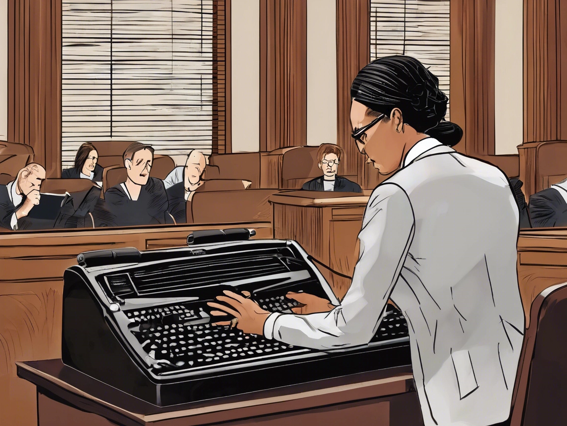 Courtroom-sketch style illustration of a court reporter at a stenotype machine in a courtroom
