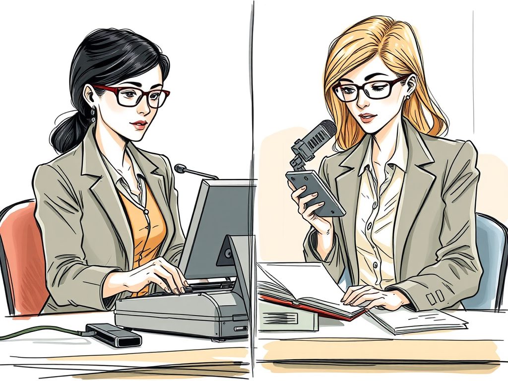 Courtroom-sketch style illustration of two court reporters, one at a stenotype machine and one speaking into a handheld microphone